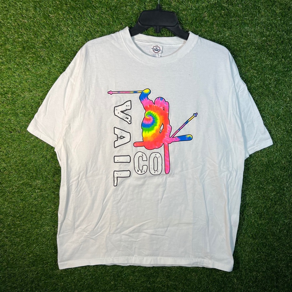 Vintage Delta Vail Colorado Tie Dye Skier Graphic T-Shirt Mens XL White 90s CO